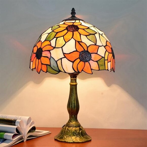 Tiffany Style Lamp Handmade Stained Glass Sunflower Yellow Bedroom 19" High - Picture 2 of 5